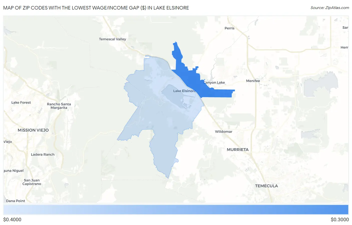 Zip Codes with the Lowest Wage/Income Gap ($) in Lake Elsinore Map
