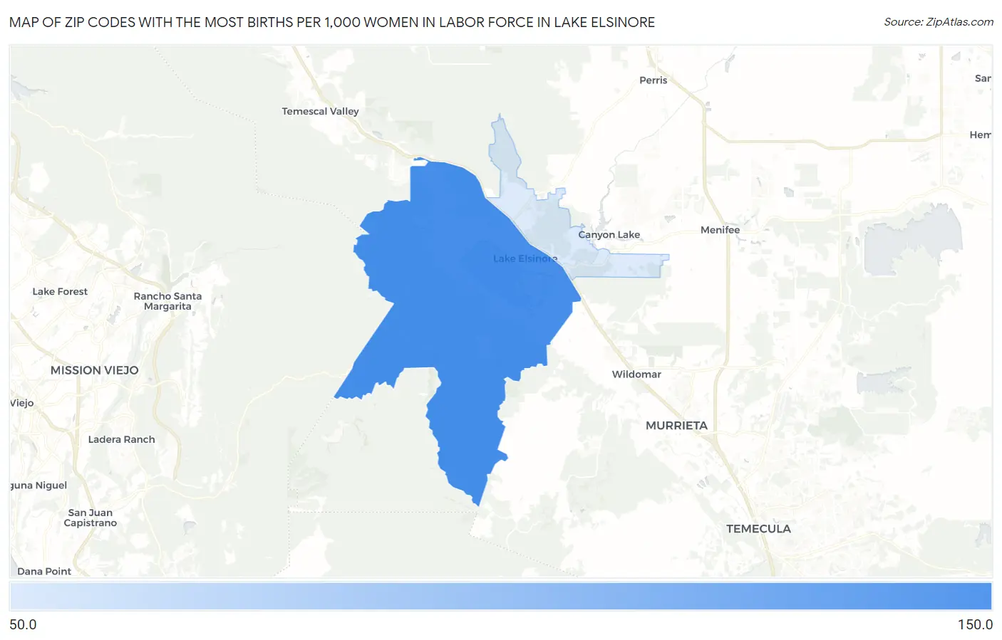Zip Codes with the Most Births per 1,000 Women in Labor Force in Lake Elsinore Map