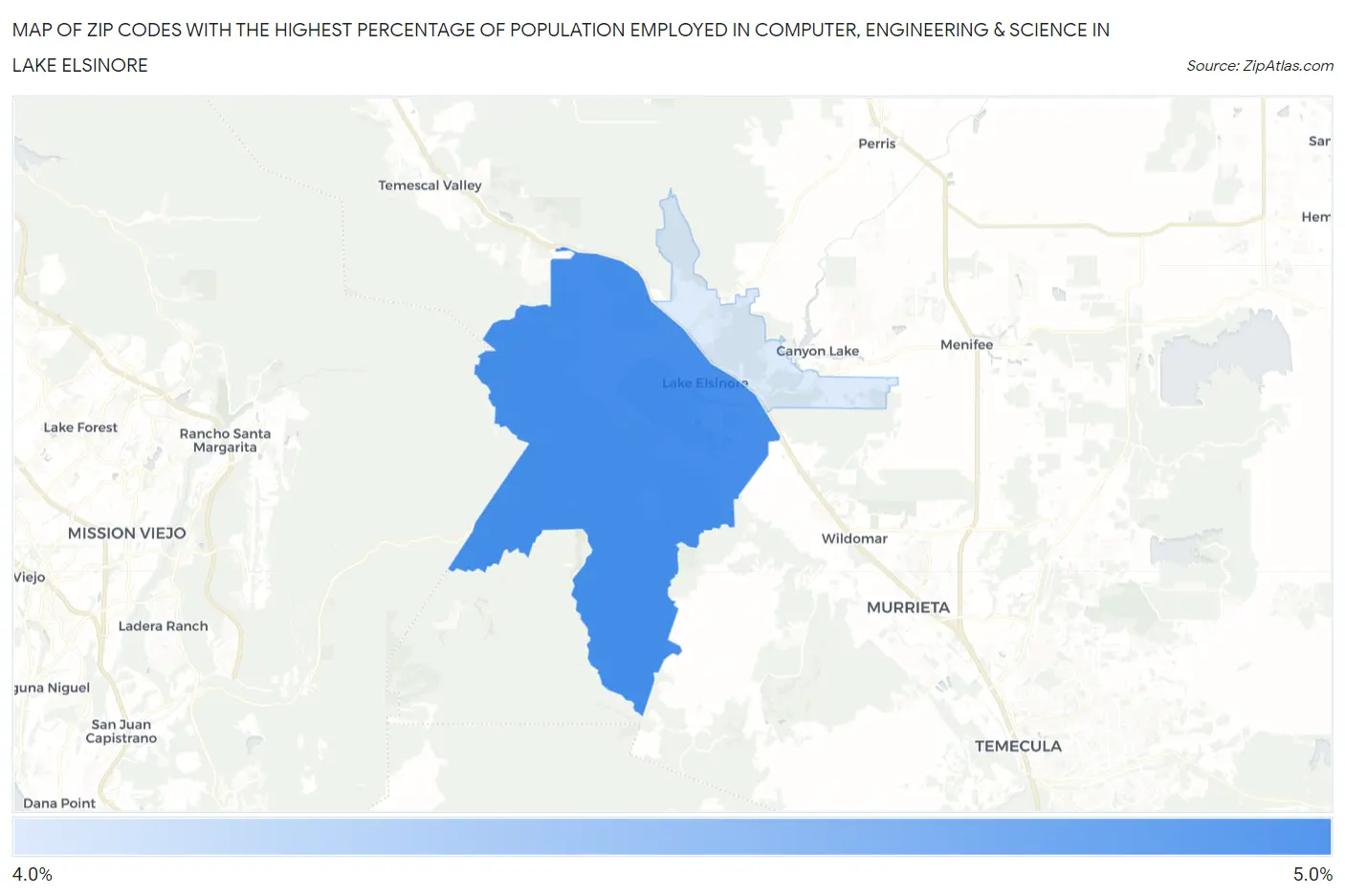 Zip Codes with the Highest Percentage of Population Employed in Computer, Engineering & Science in Lake Elsinore Map