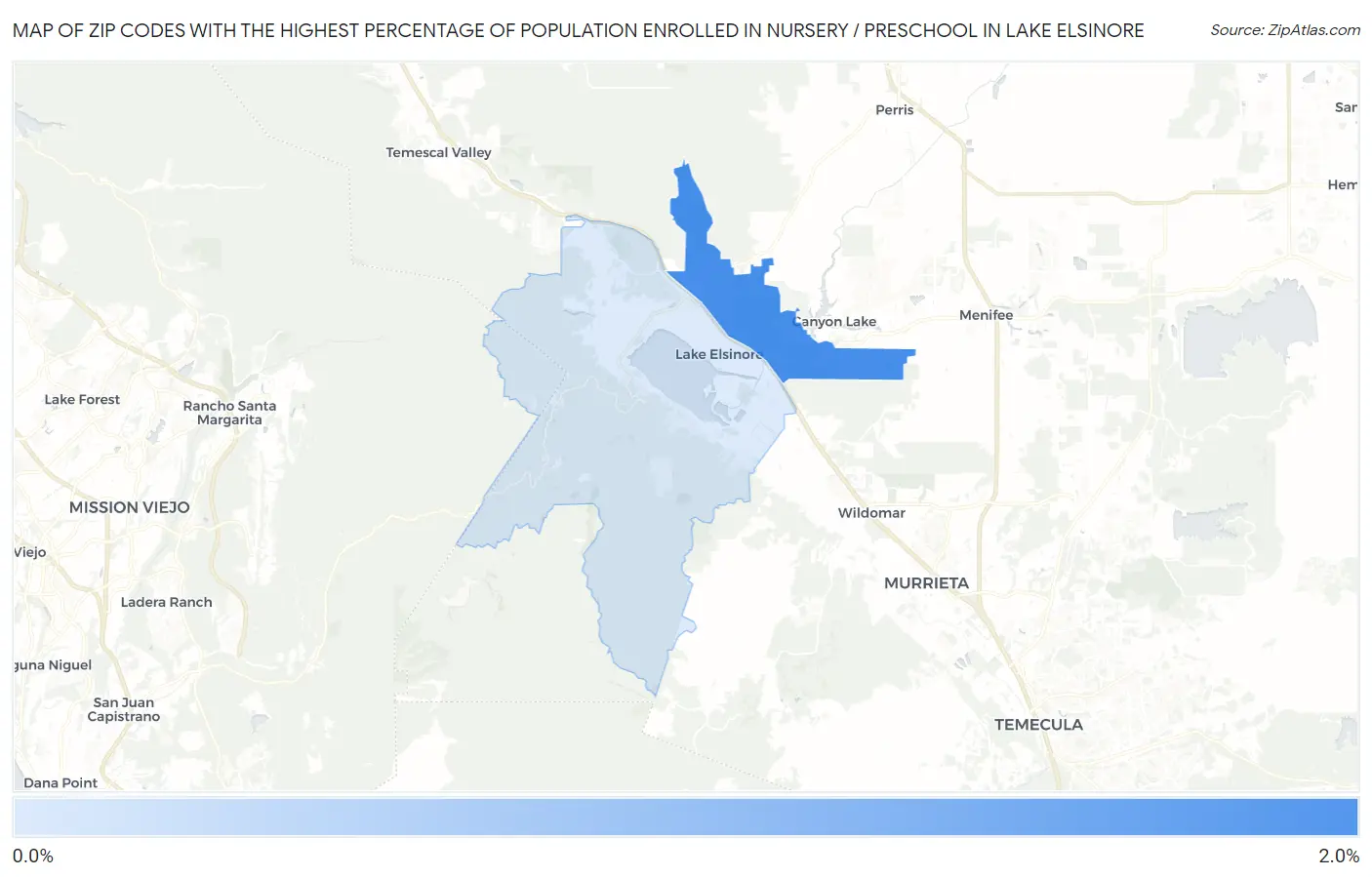 Zip Codes with the Highest Percentage of Population Enrolled in Nursery / Preschool in Lake Elsinore Map