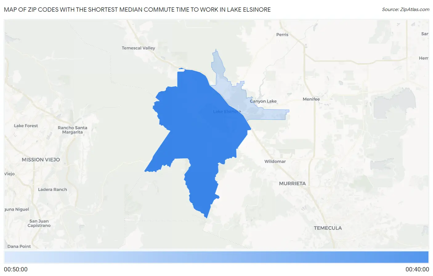 Zip Codes with the Shortest Median Commute Time to Work in Lake Elsinore Map