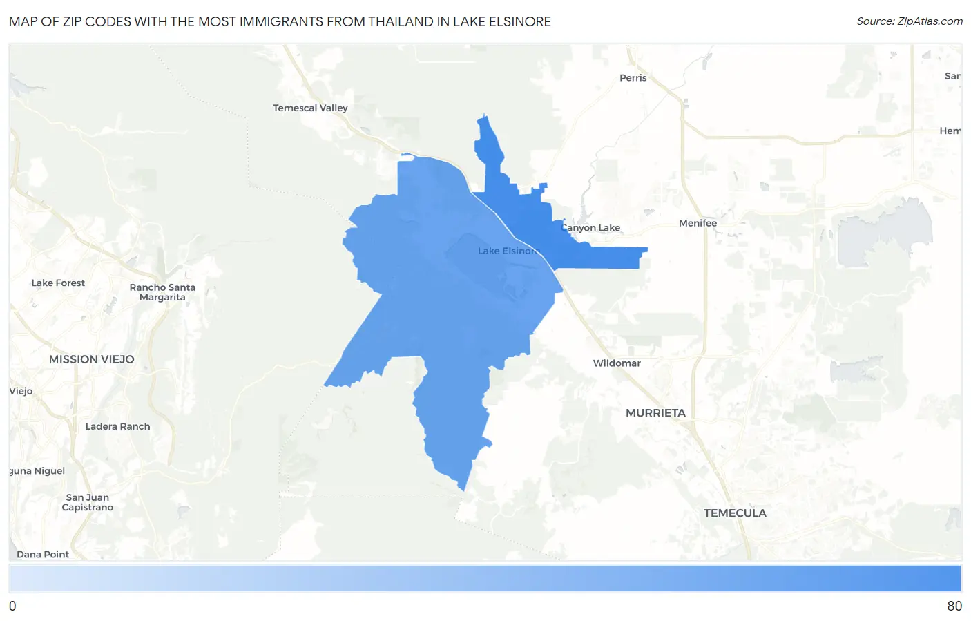 Zip Codes with the Most Immigrants from Thailand in Lake Elsinore Map