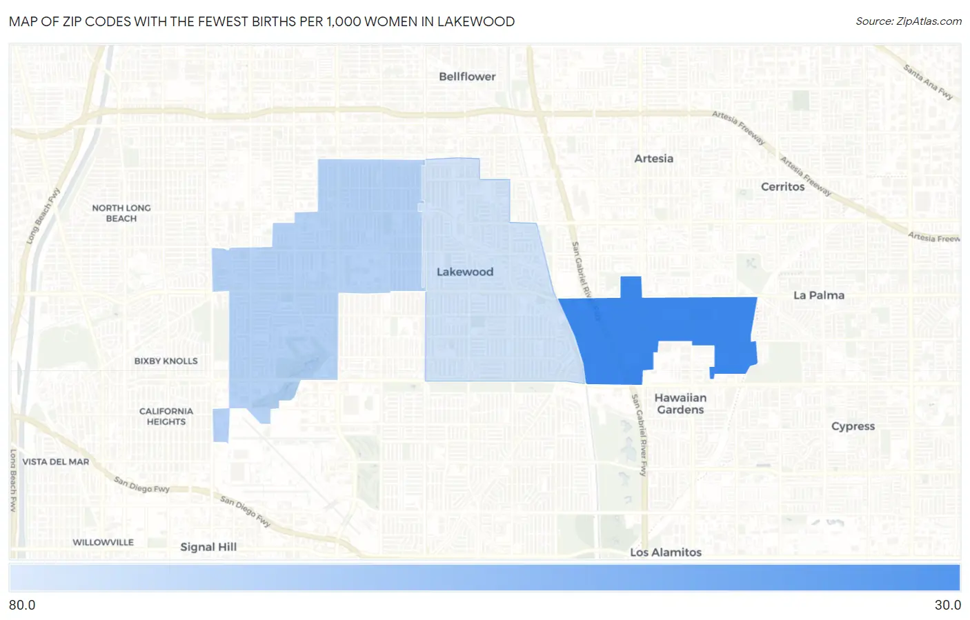 Zip Codes with the Fewest Births per 1,000 Women in Lakewood Map
