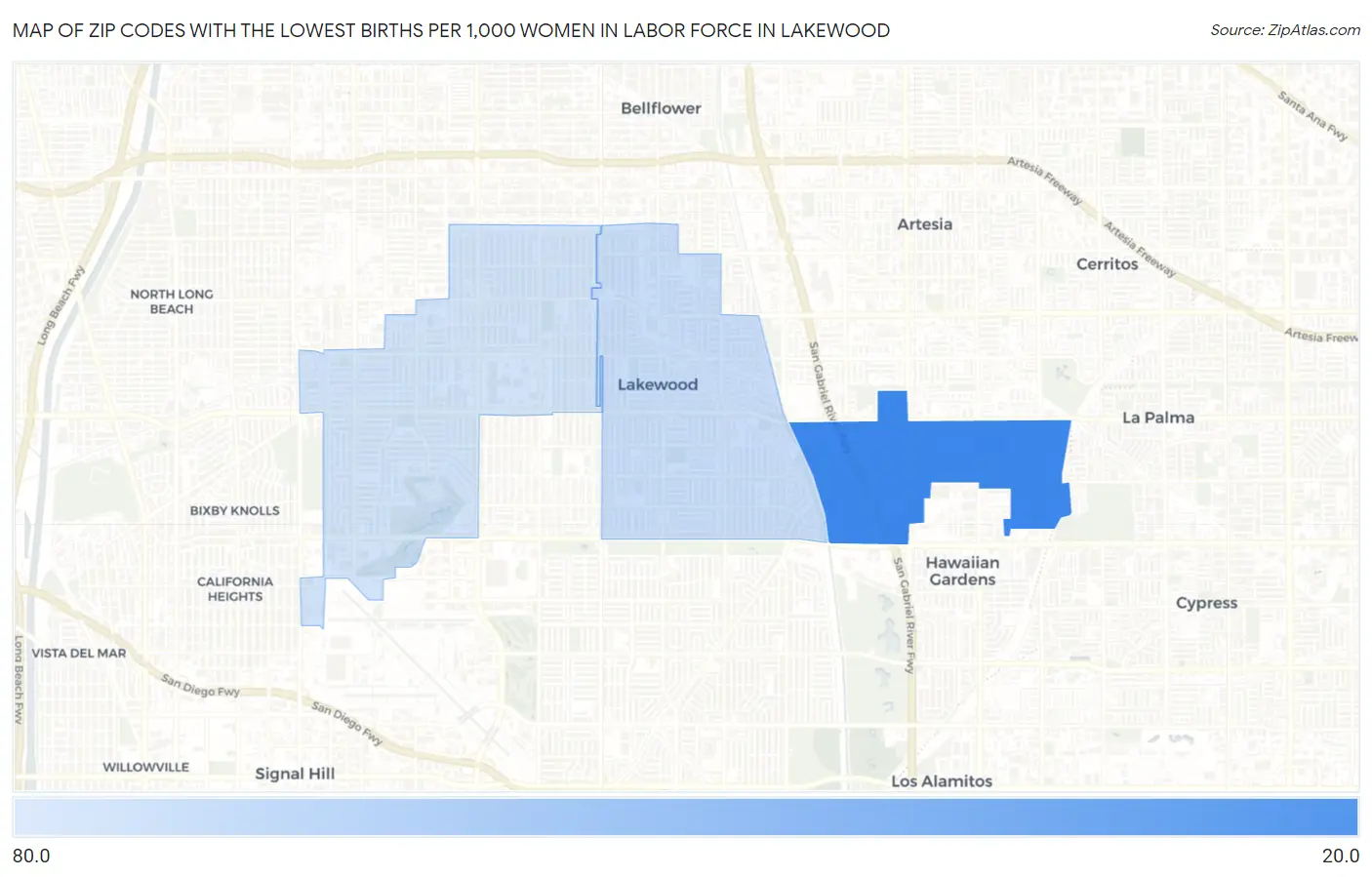 Zip Codes with the Lowest Births per 1,000 Women in Labor Force in Lakewood Map