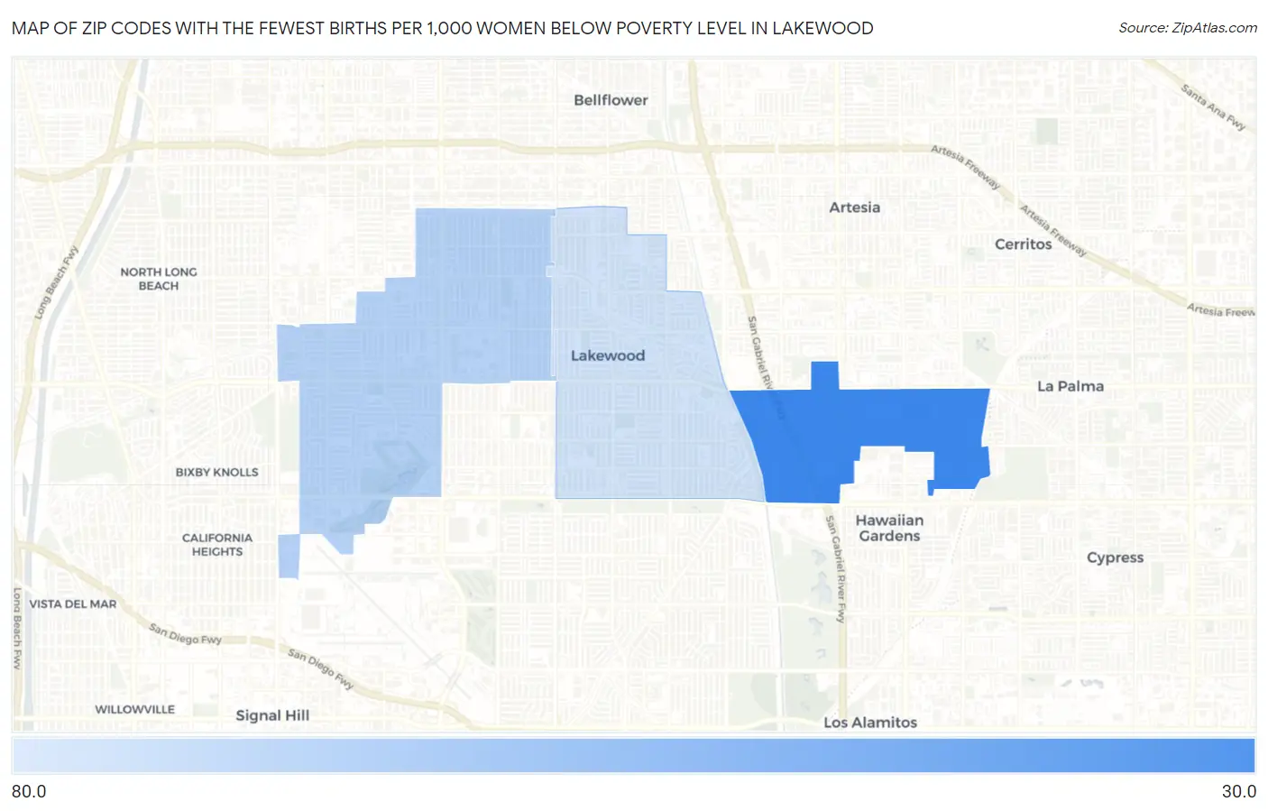 Zip Codes with the Fewest Births per 1,000 Women Below Poverty Level in Lakewood Map