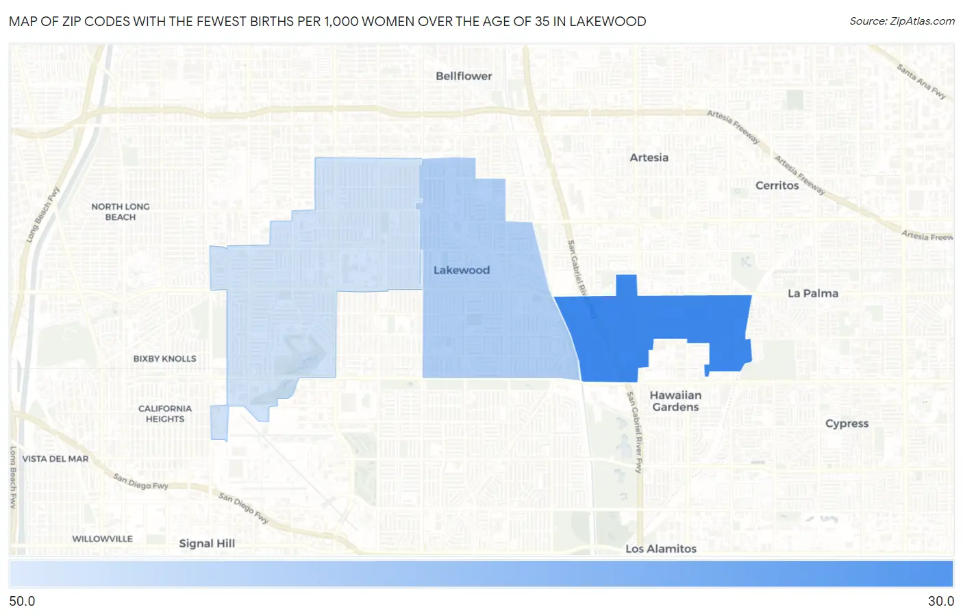Zip Codes with the Fewest Births per 1,000 Women Over the Age of 35 in Lakewood Map