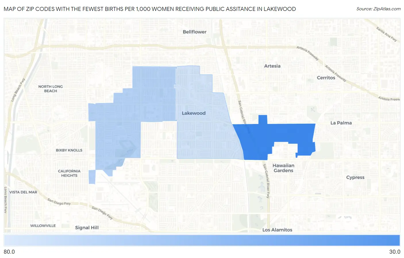 Zip Codes with the Fewest Births per 1,000 Women Receiving Public Assitance in Lakewood Map