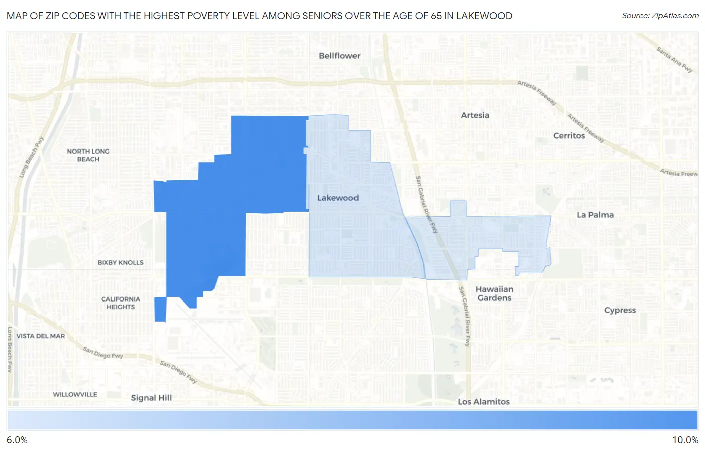 Zip Codes with the Highest Poverty Level Among Seniors Over the Age of 65 in Lakewood Map