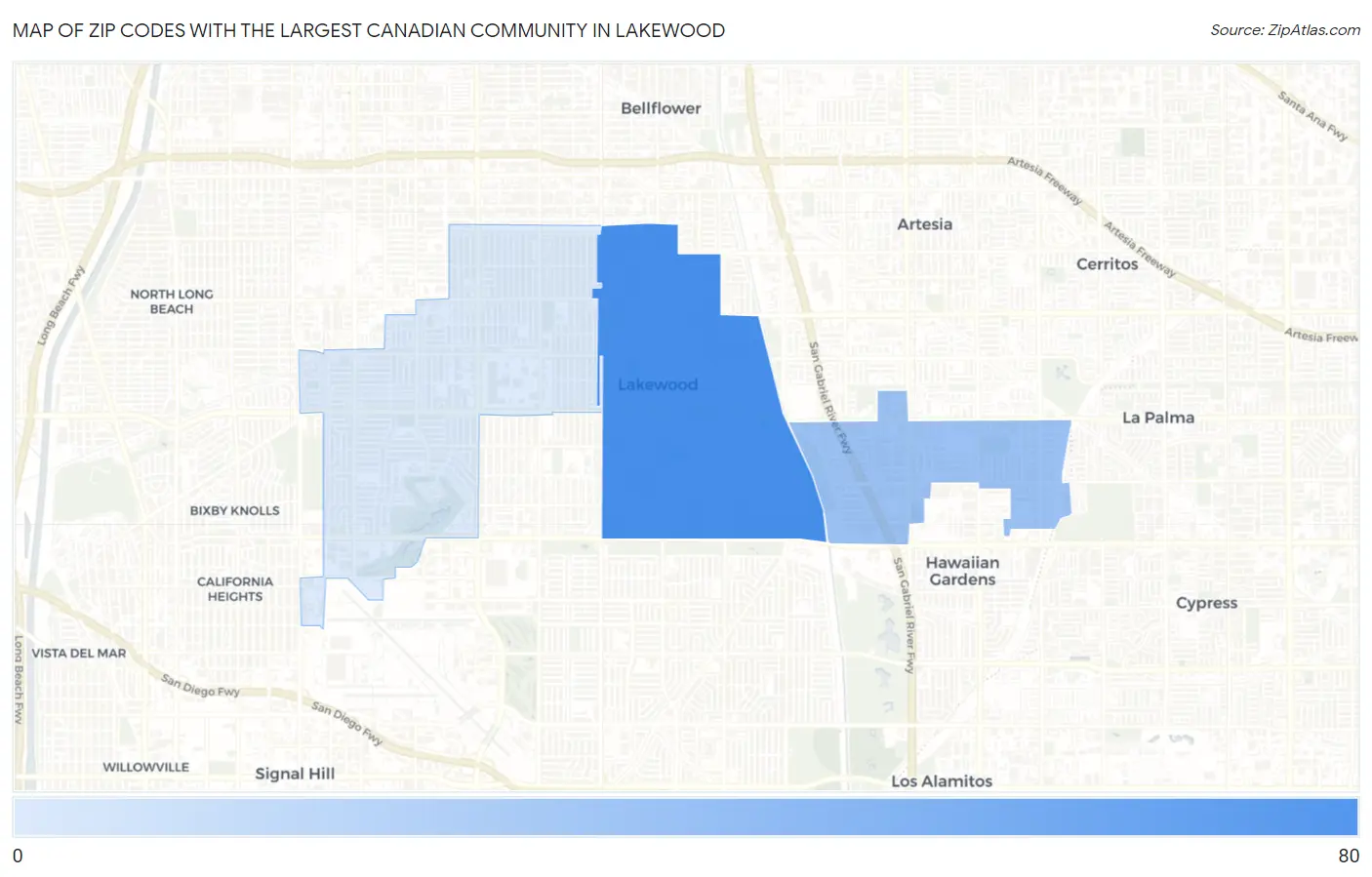 Zip Codes with the Largest Canadian Community in Lakewood Map