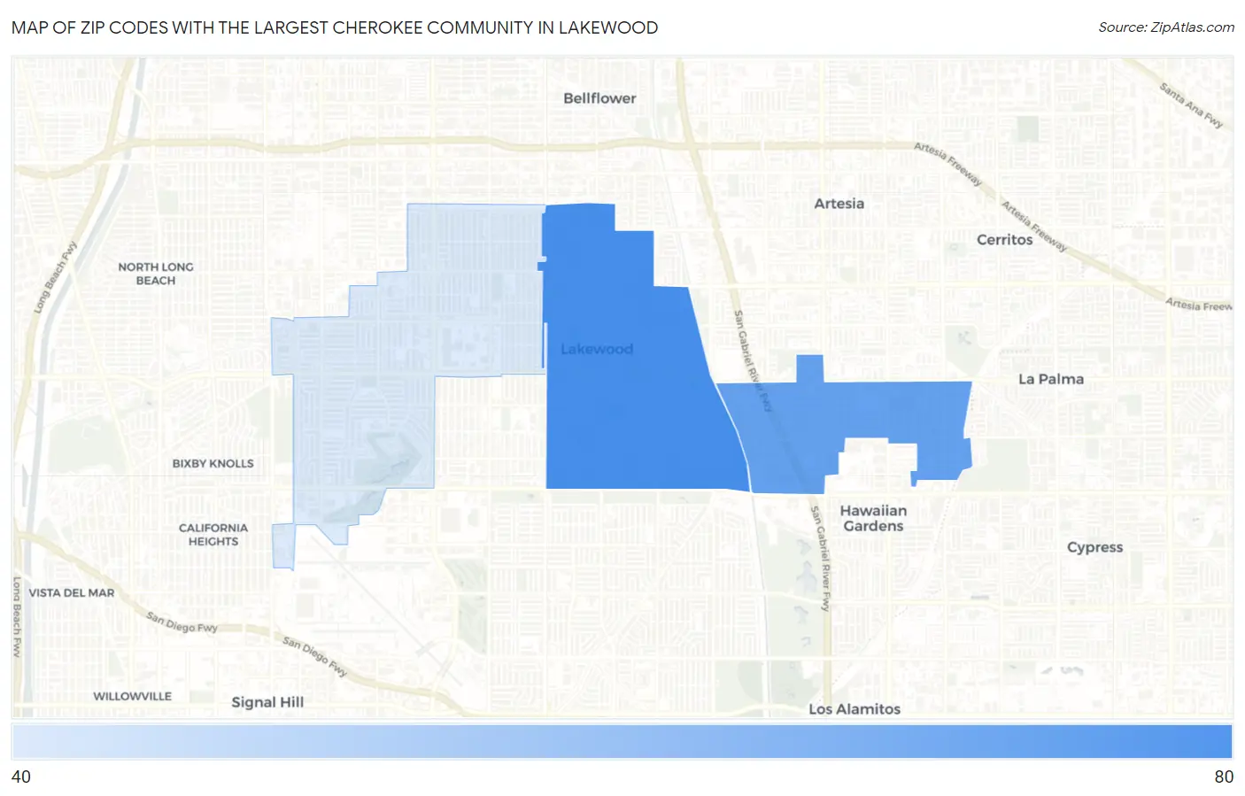 Zip Codes with the Largest Cherokee Community in Lakewood Map