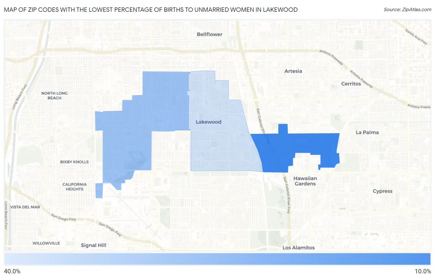 Zip Codes with the Lowest Percentage of Births to Unmarried Women in Lakewood Map
