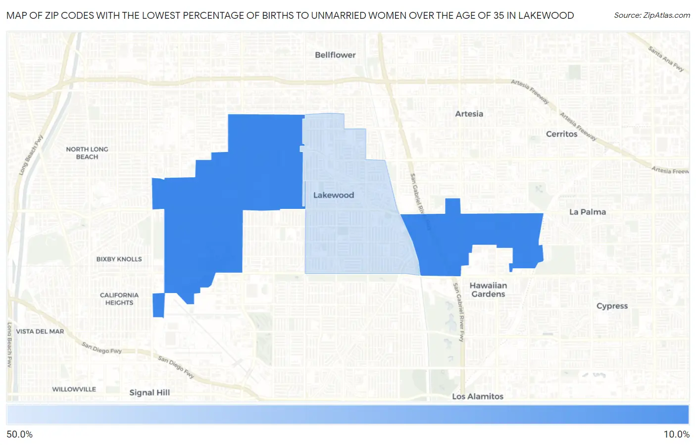Zip Codes with the Lowest Percentage of Births to Unmarried Women over the Age of 35 in Lakewood Map