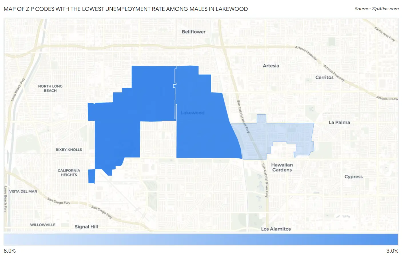Zip Codes with the Lowest Unemployment Rate Among Males in Lakewood Map