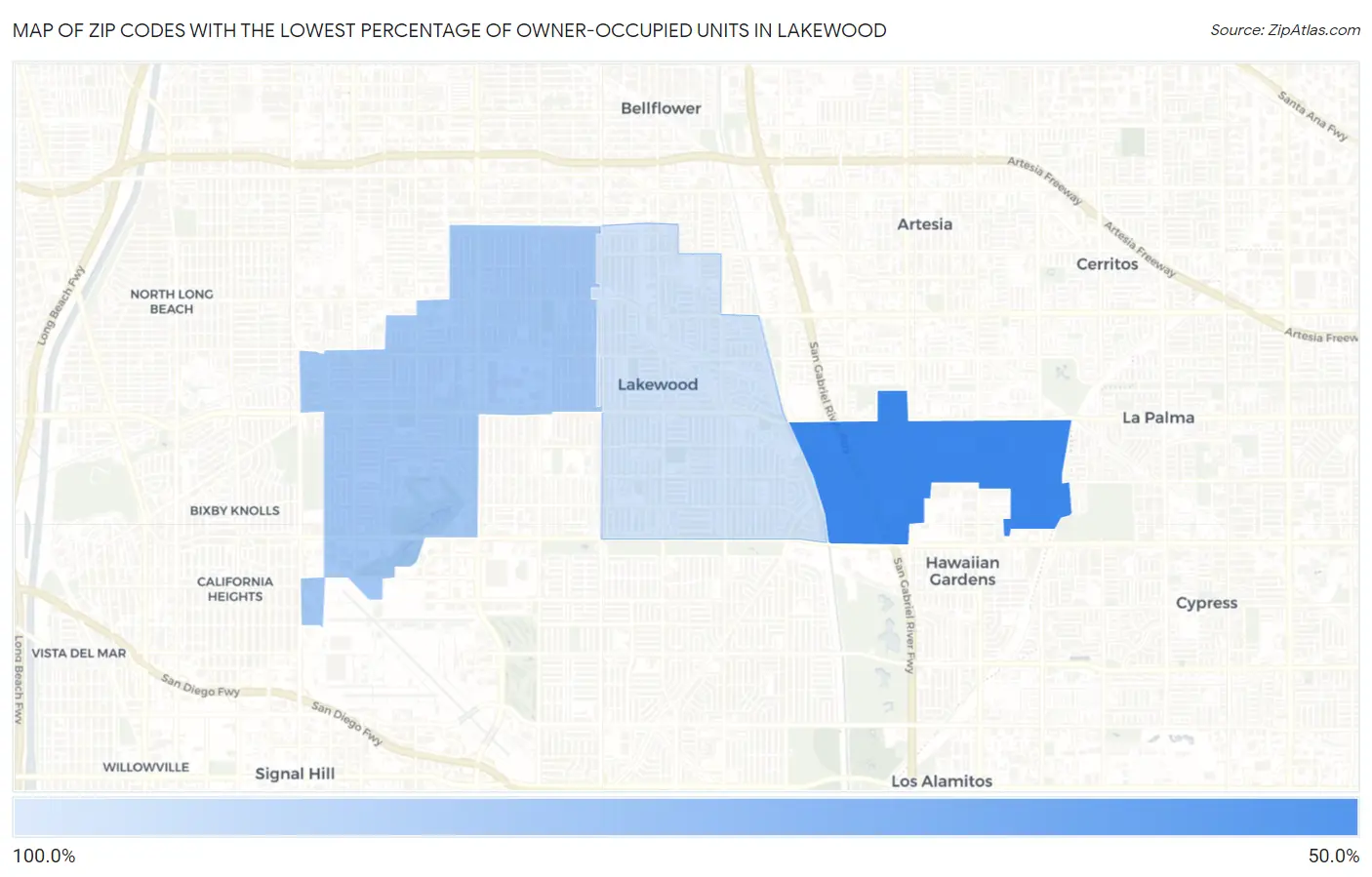 Zip Codes with the Lowest Percentage of Owner-Occupied Units in Lakewood Map
