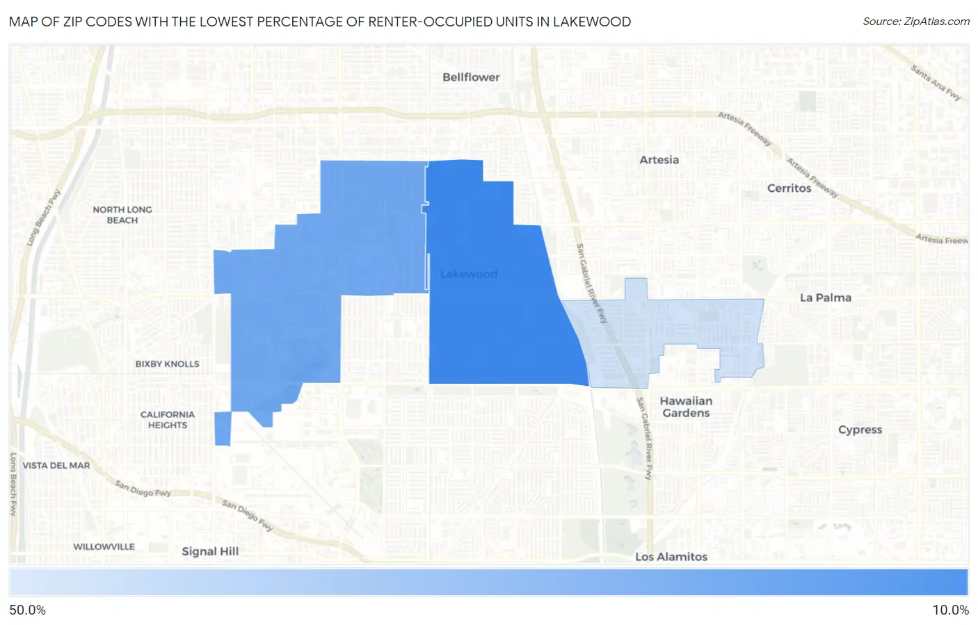 Zip Codes with the Lowest Percentage of Renter-Occupied Units in Lakewood Map