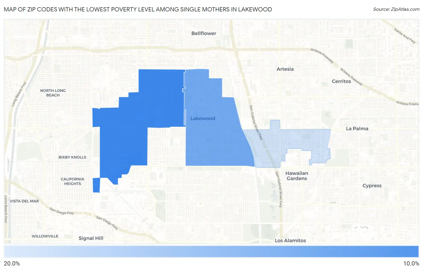 Zip Codes with the Lowest Poverty Level Among Single Mothers in Lakewood Map