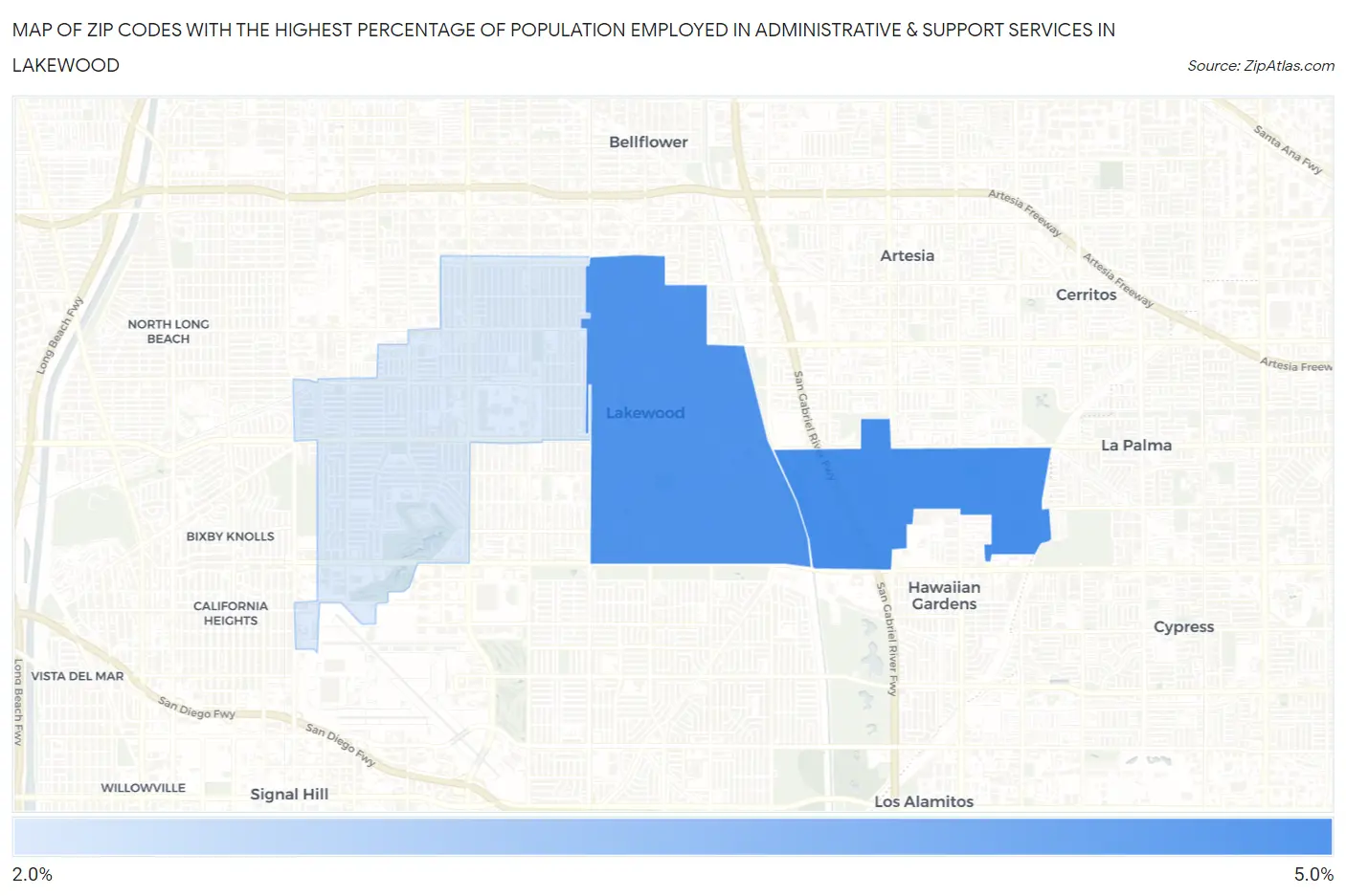 Zip Codes with the Highest Percentage of Population Employed in Administrative & Support Services in Lakewood Map