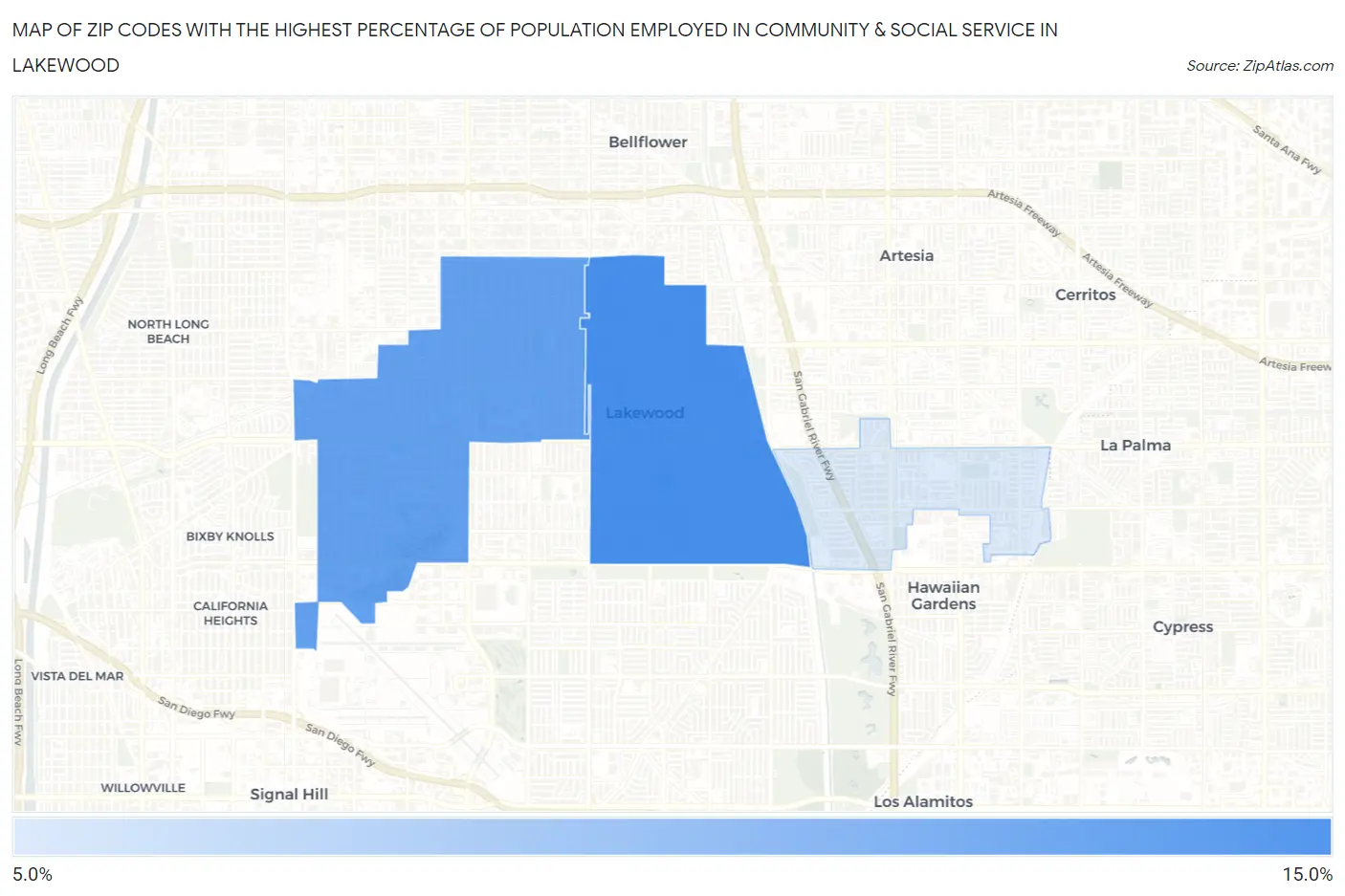 Zip Codes with the Highest Percentage of Population Employed in Community & Social Service  in Lakewood Map