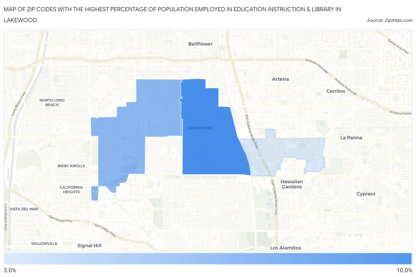 Zip Codes with the Highest Percentage of Population Employed in Education Instruction & Library in Lakewood Map