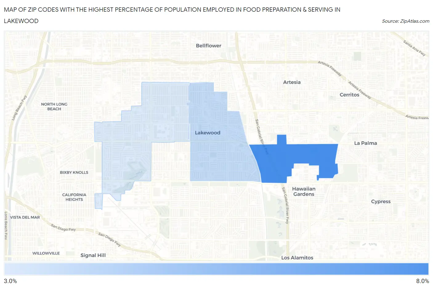 Zip Codes with the Highest Percentage of Population Employed in Food Preparation & Serving in Lakewood Map