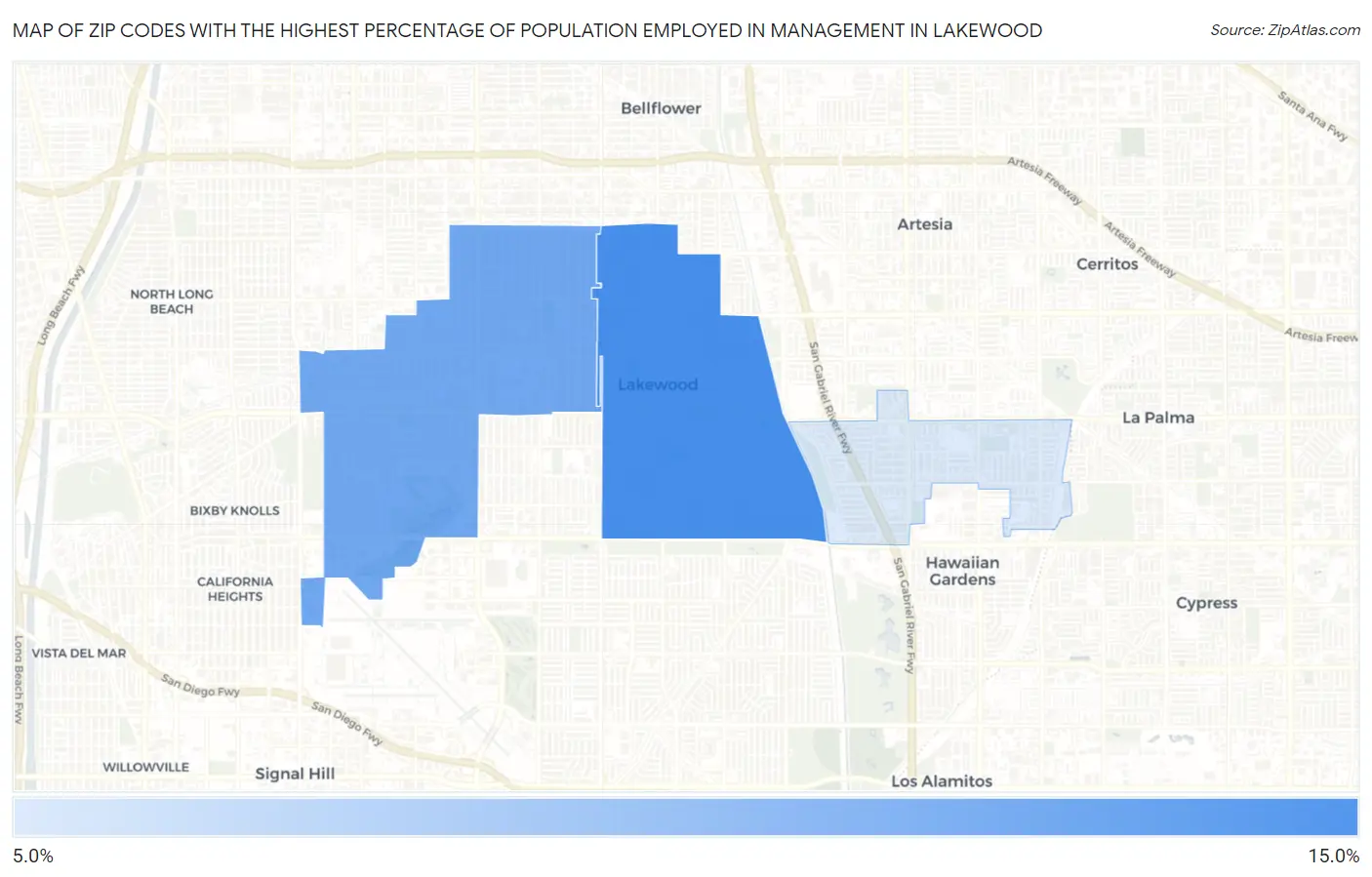 Zip Codes with the Highest Percentage of Population Employed in Management in Lakewood Map