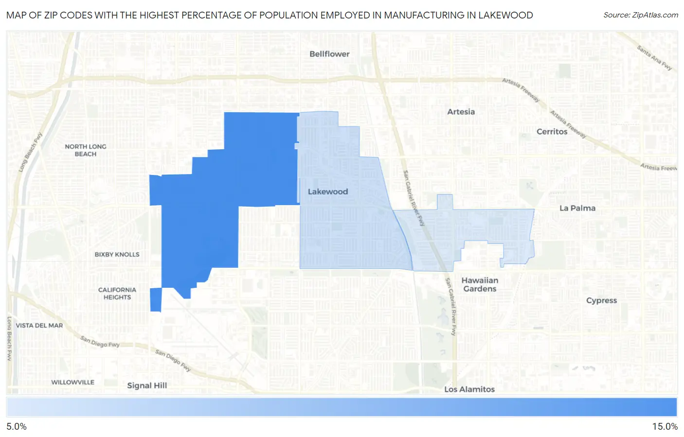 Zip Codes with the Highest Percentage of Population Employed in Manufacturing in Lakewood Map