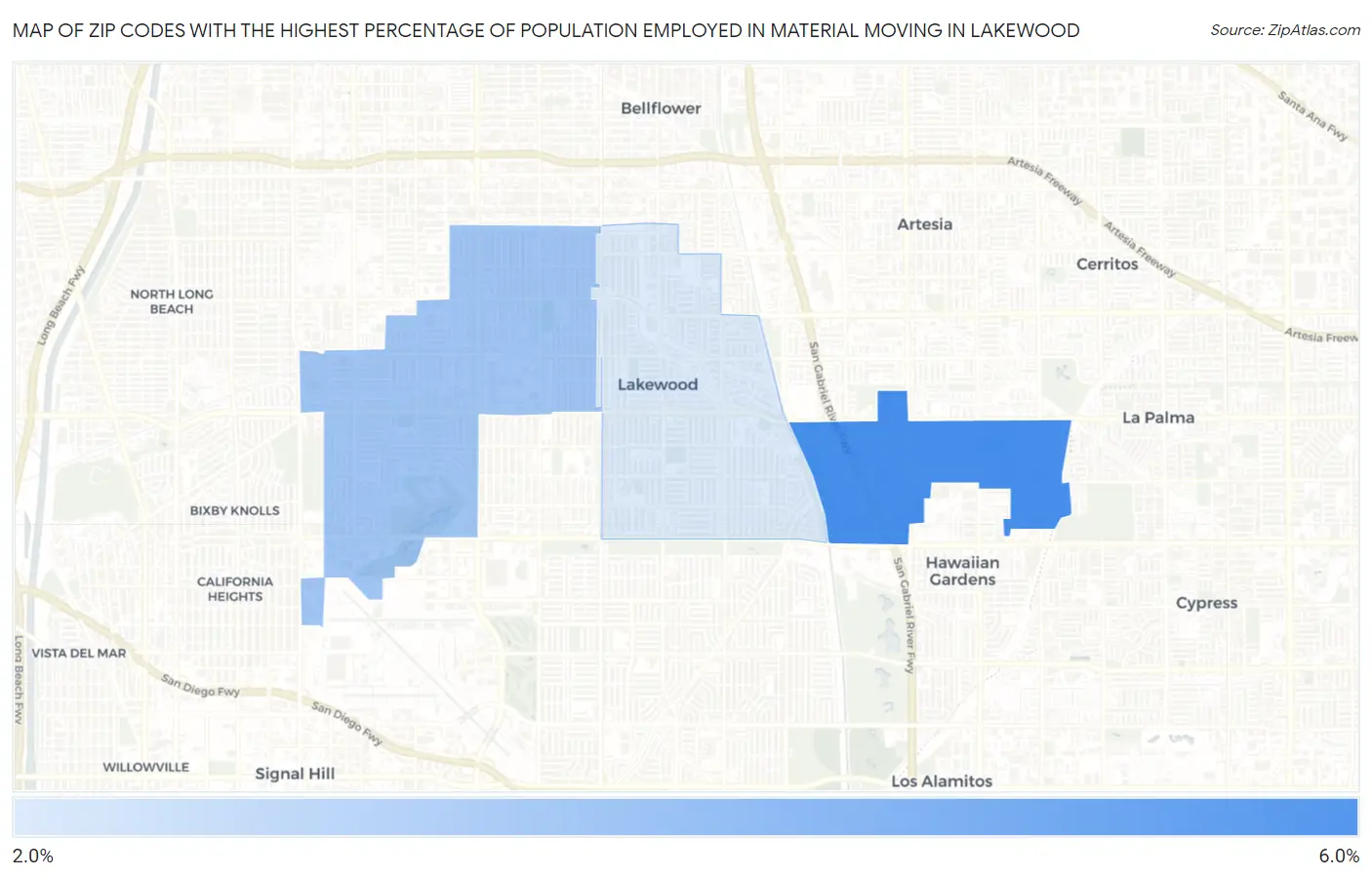 Zip Codes with the Highest Percentage of Population Employed in Material Moving in Lakewood Map