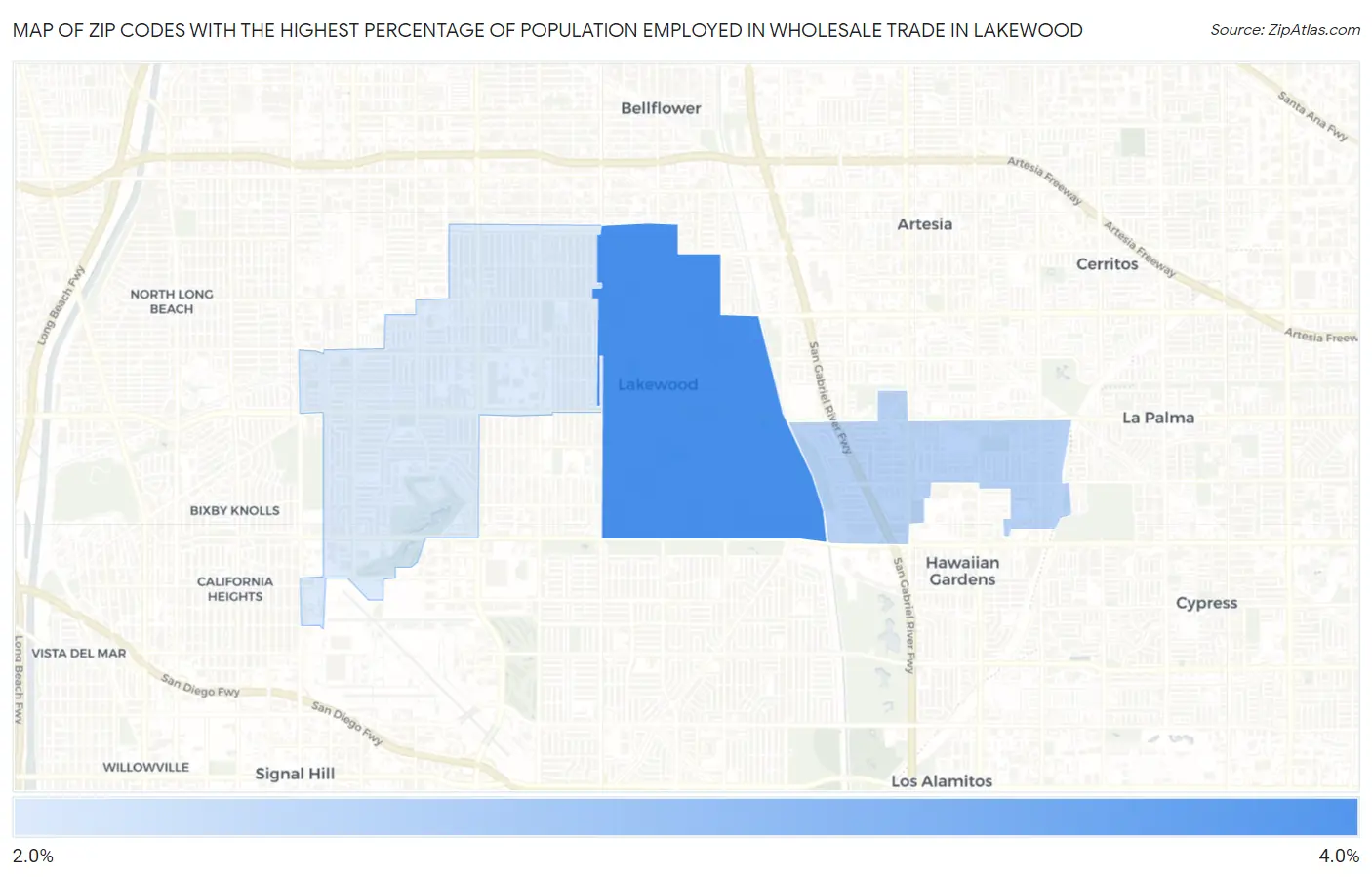 Zip Codes with the Highest Percentage of Population Employed in Wholesale Trade in Lakewood Map