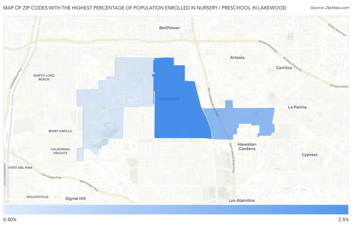 Zip Codes with the Highest Percentage of Population Enrolled in Nursery / Preschool in Lakewood Map