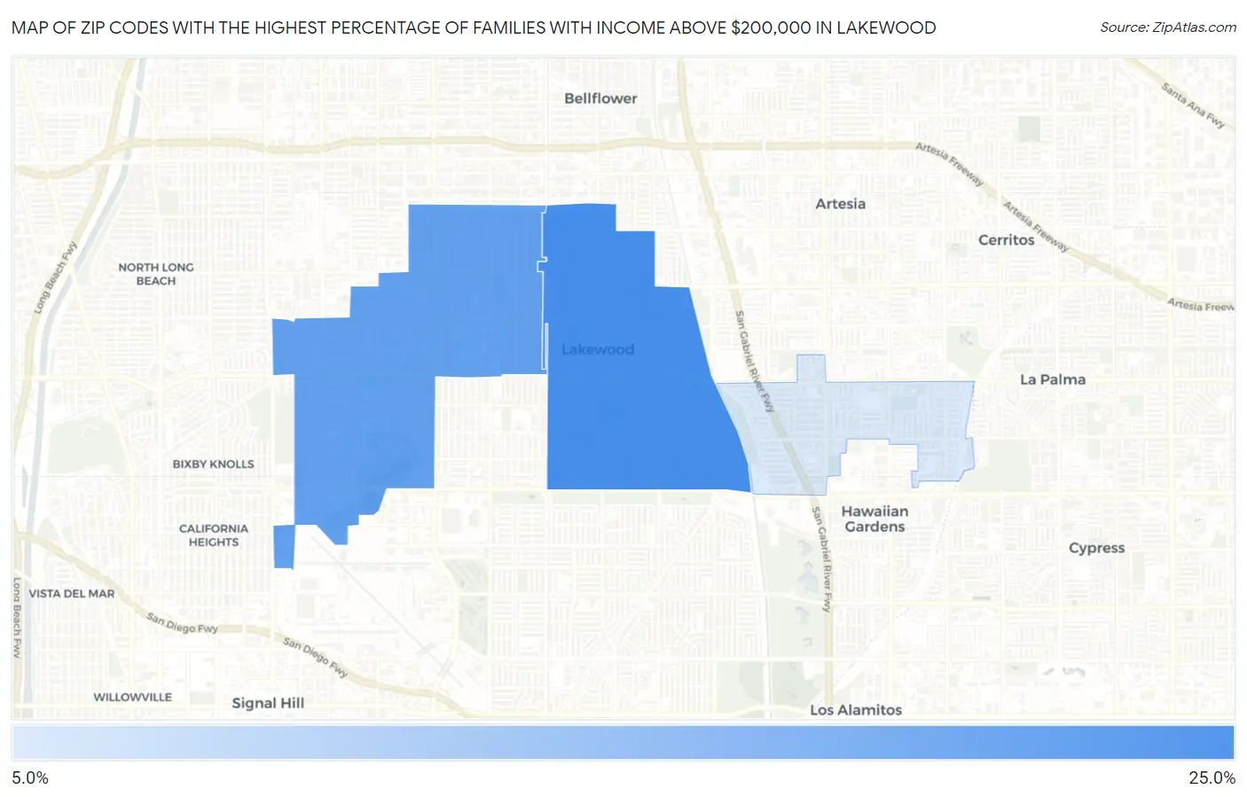 Zip Codes with the Highest Percentage of Families with Income Above $200,000 in Lakewood Map