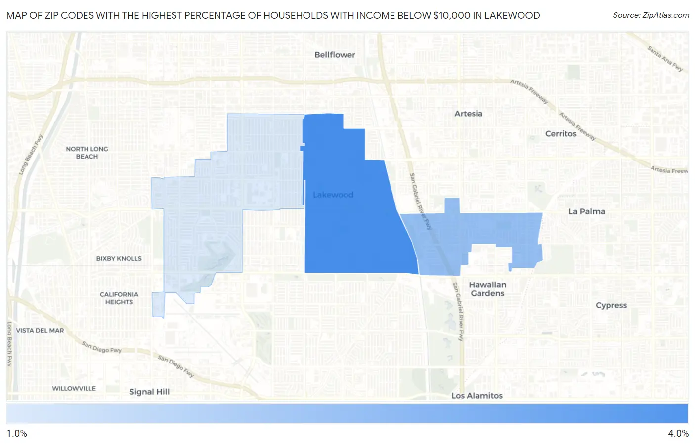 Zip Codes with the Highest Percentage of Households with Income Below $10,000 in Lakewood Map