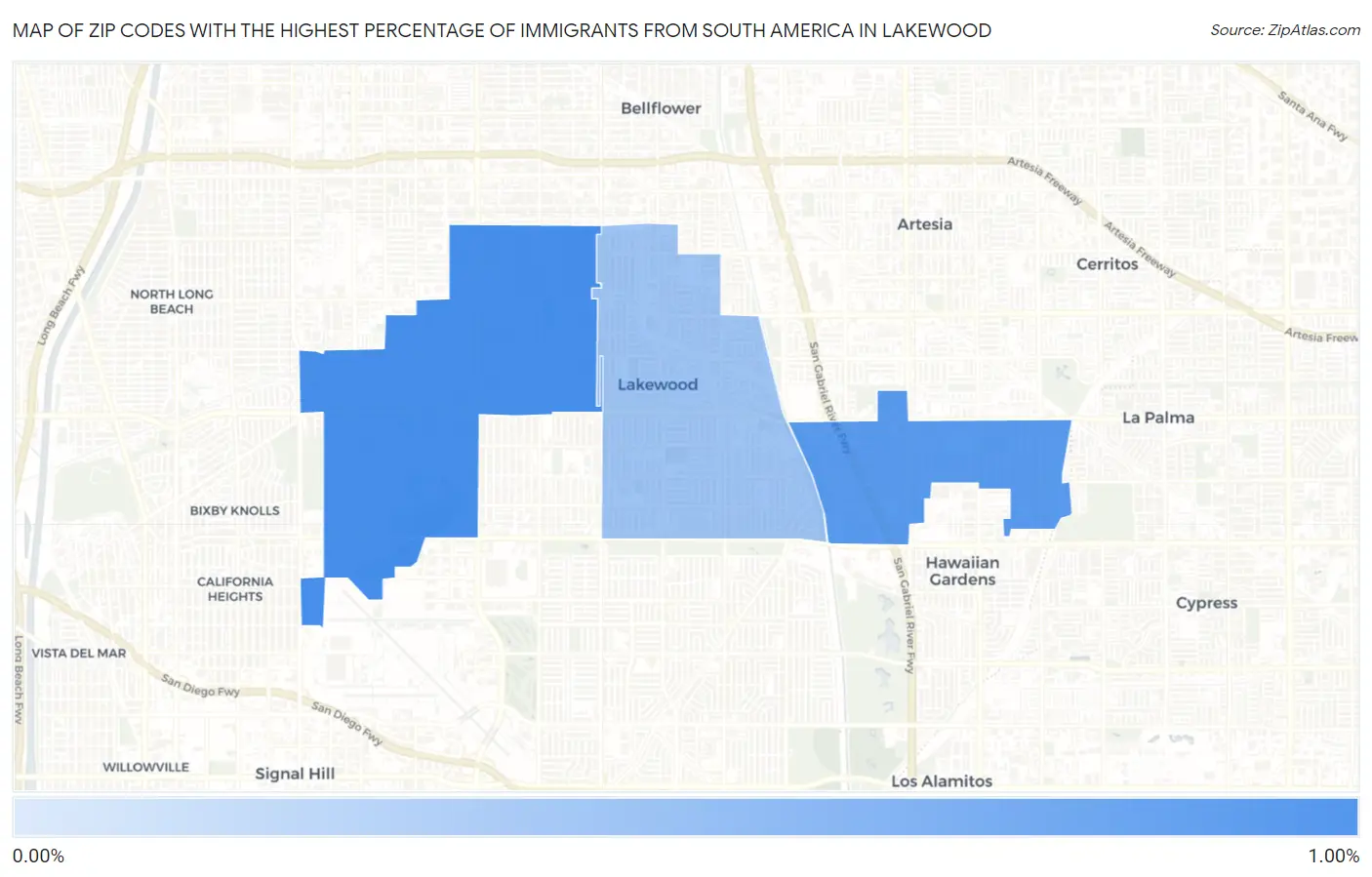 Zip Codes with the Highest Percentage of Immigrants from South America in Lakewood Map