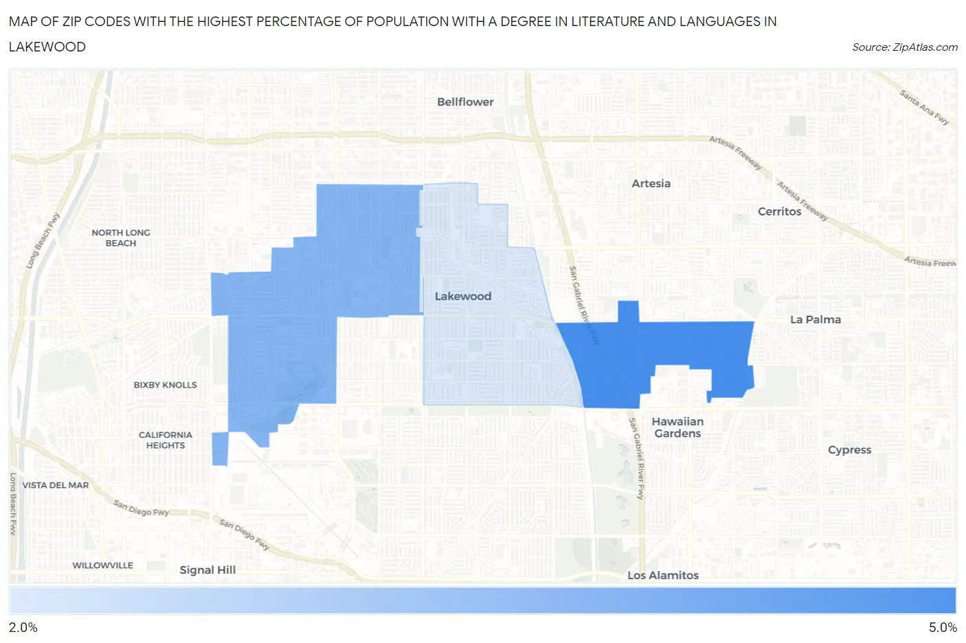 Zip Codes with the Highest Percentage of Population with a Degree in Literature and Languages in Lakewood Map