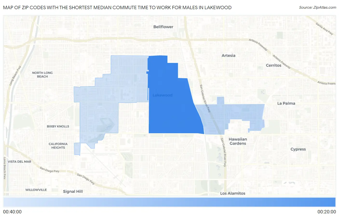 Zip Codes with the Shortest Median Commute Time to Work for Males in Lakewood Map