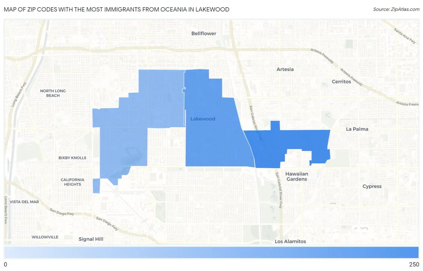 Zip Codes with the Most Immigrants from Oceania in Lakewood Map