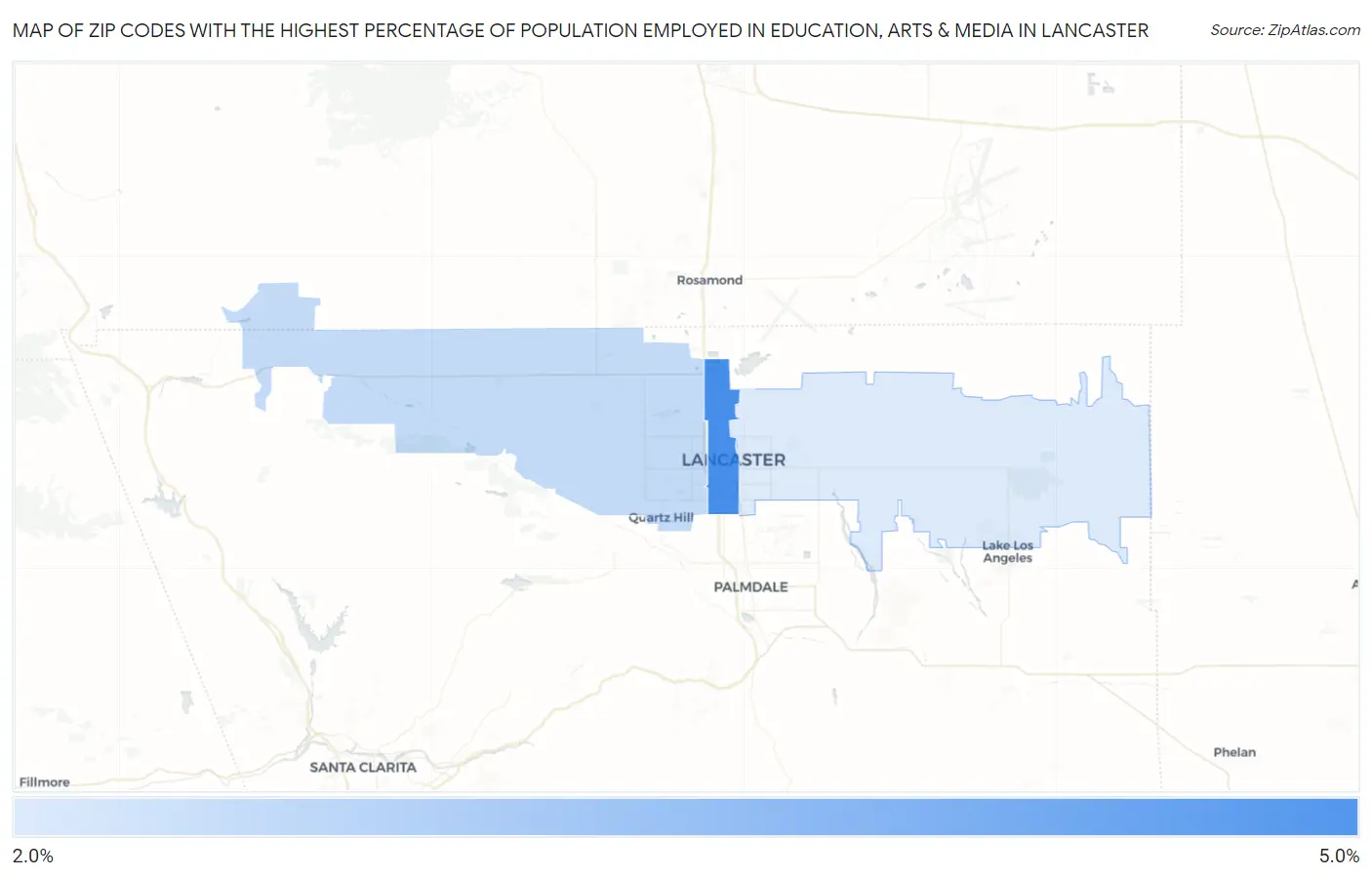 Zip Codes with the Highest Percentage of Population Employed in Education, Arts & Media in Lancaster Map