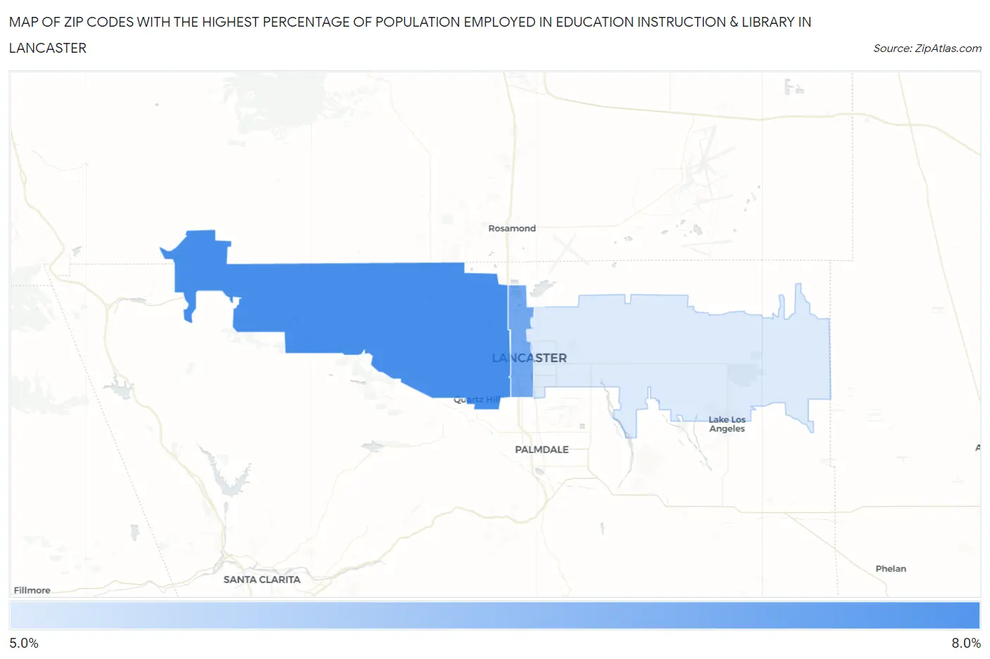 Zip Codes with the Highest Percentage of Population Employed in Education Instruction & Library in Lancaster Map