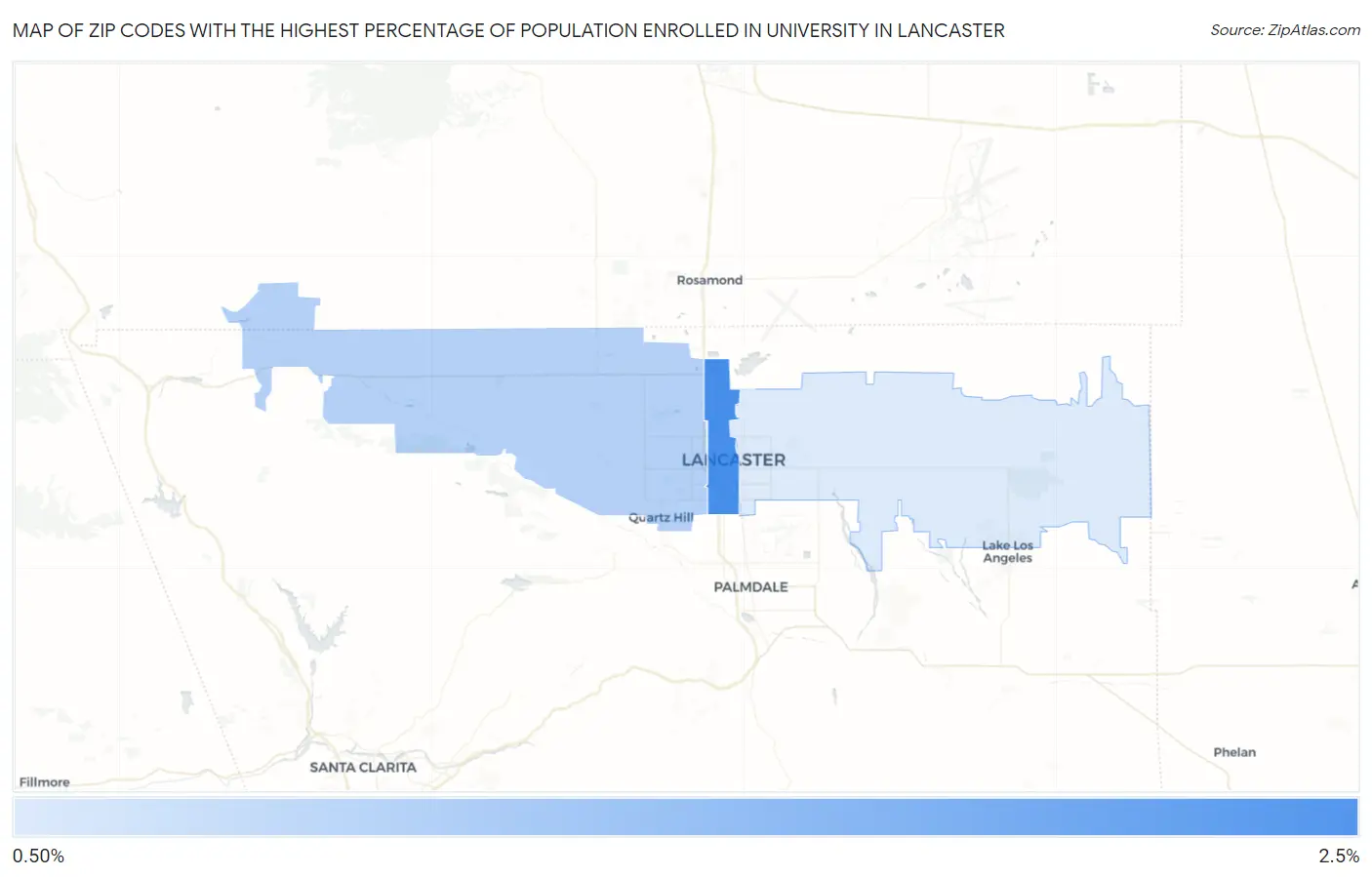Zip Codes with the Highest Percentage of Population Enrolled in University in Lancaster Map