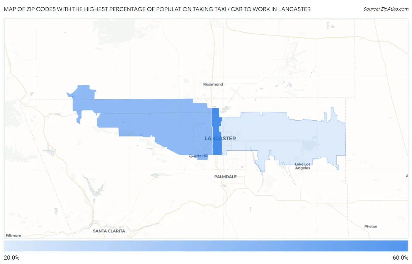 Zip Codes with the Highest Percentage of Population Taking Taxi / Cab to Work in Lancaster Map
