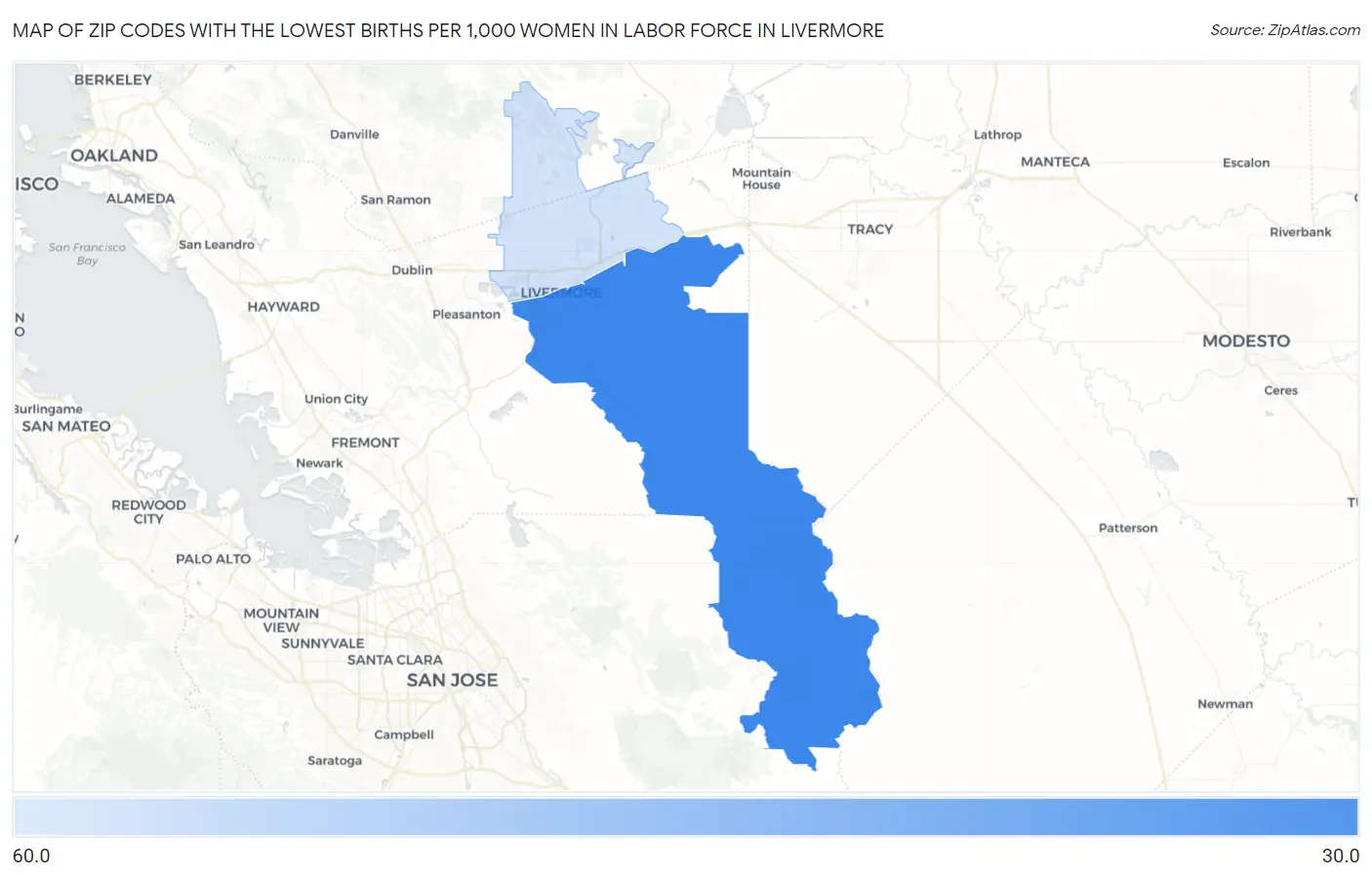 Zip Codes with the Lowest Births per 1,000 Women in Labor Force in Livermore Map