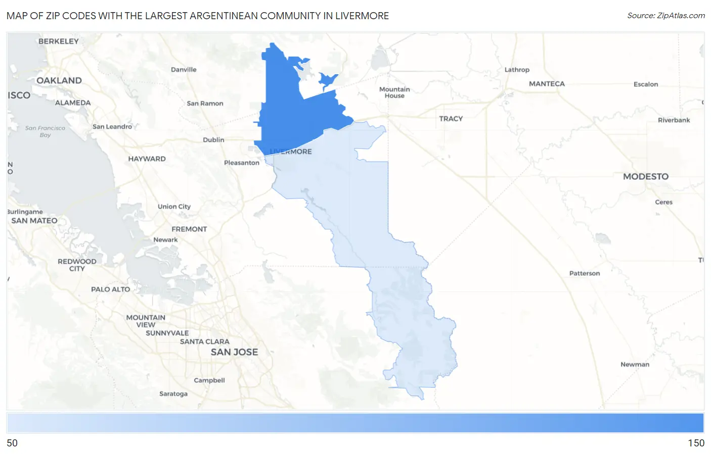 Zip Codes with the Largest Argentinean Community in Livermore Map