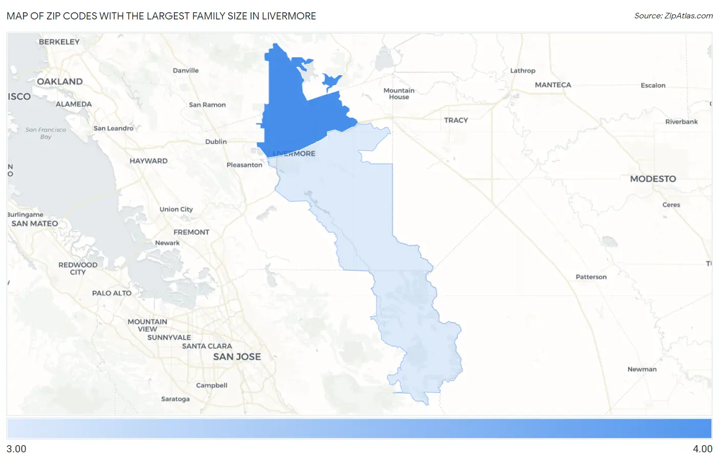 Zip Codes with the Largest Family Size in Livermore Map
