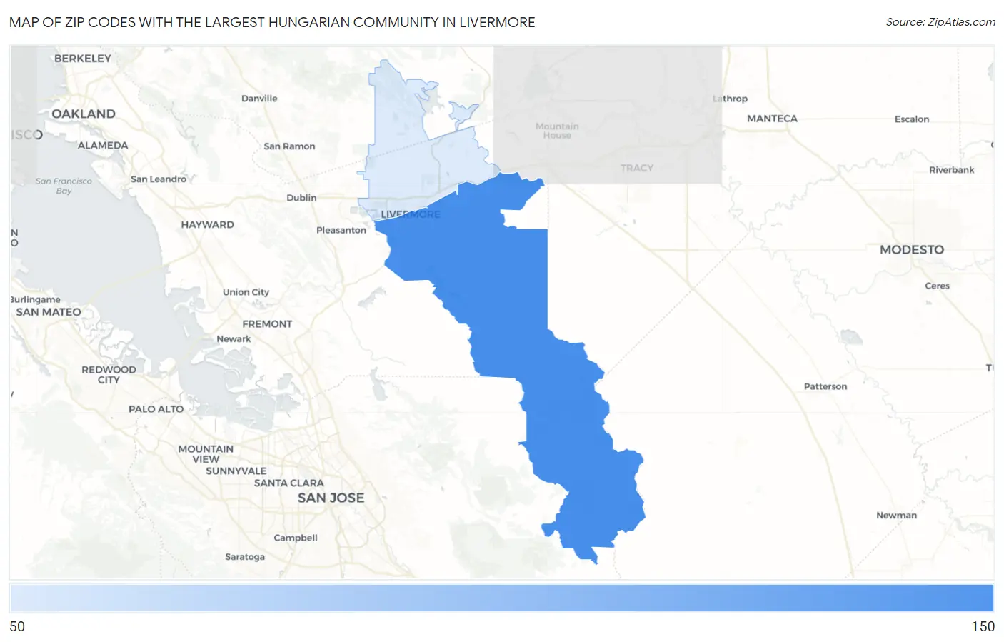 Zip Codes with the Largest Hungarian Community in Livermore Map