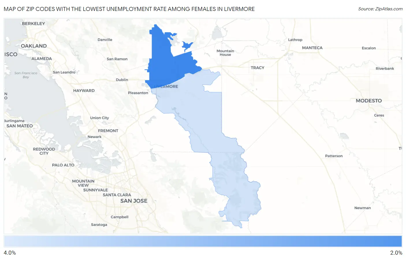 Zip Codes with the Lowest Unemployment Rate Among Females in Livermore Map