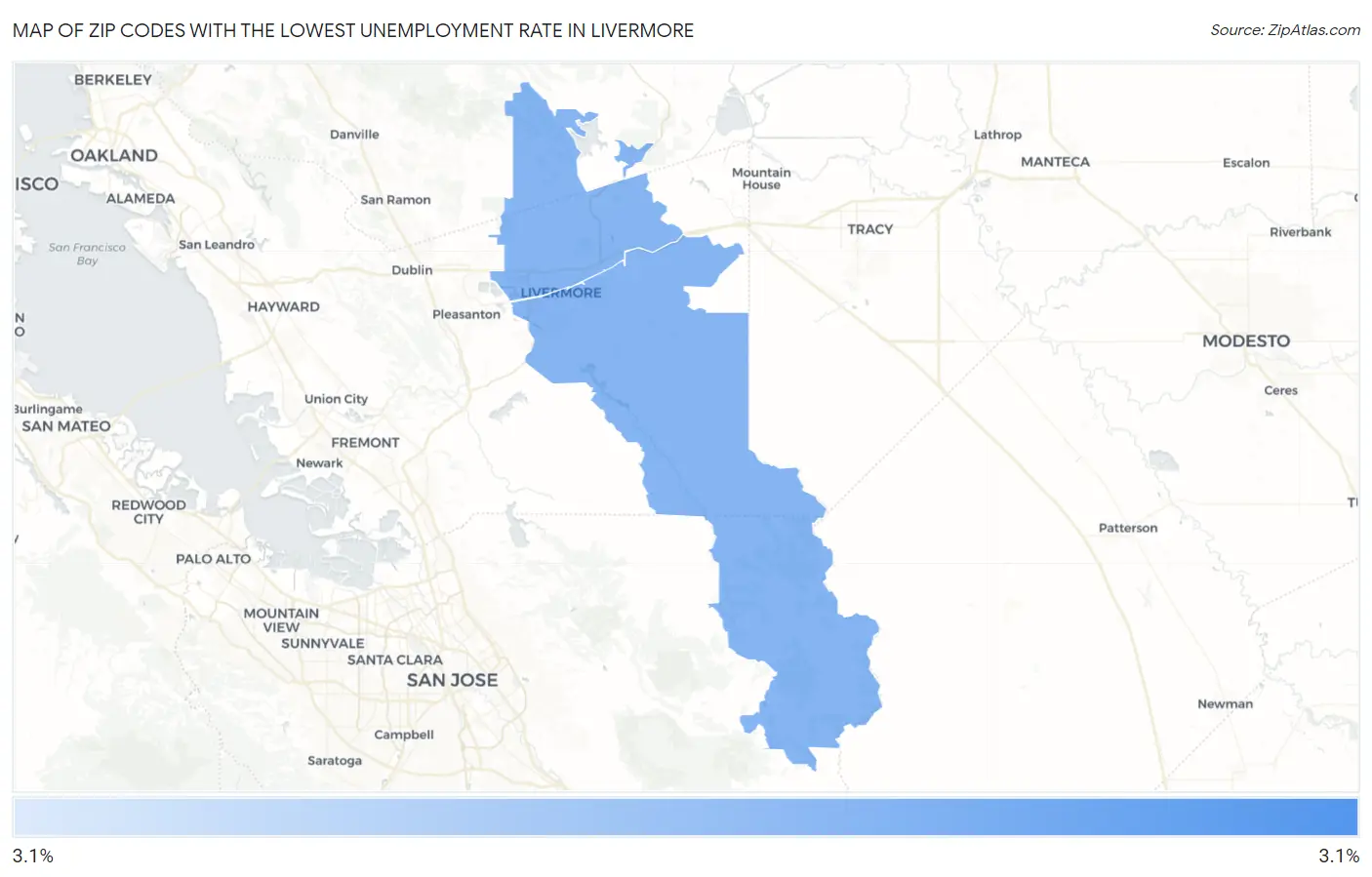Zip Codes with the Lowest Unemployment Rate in Livermore Map