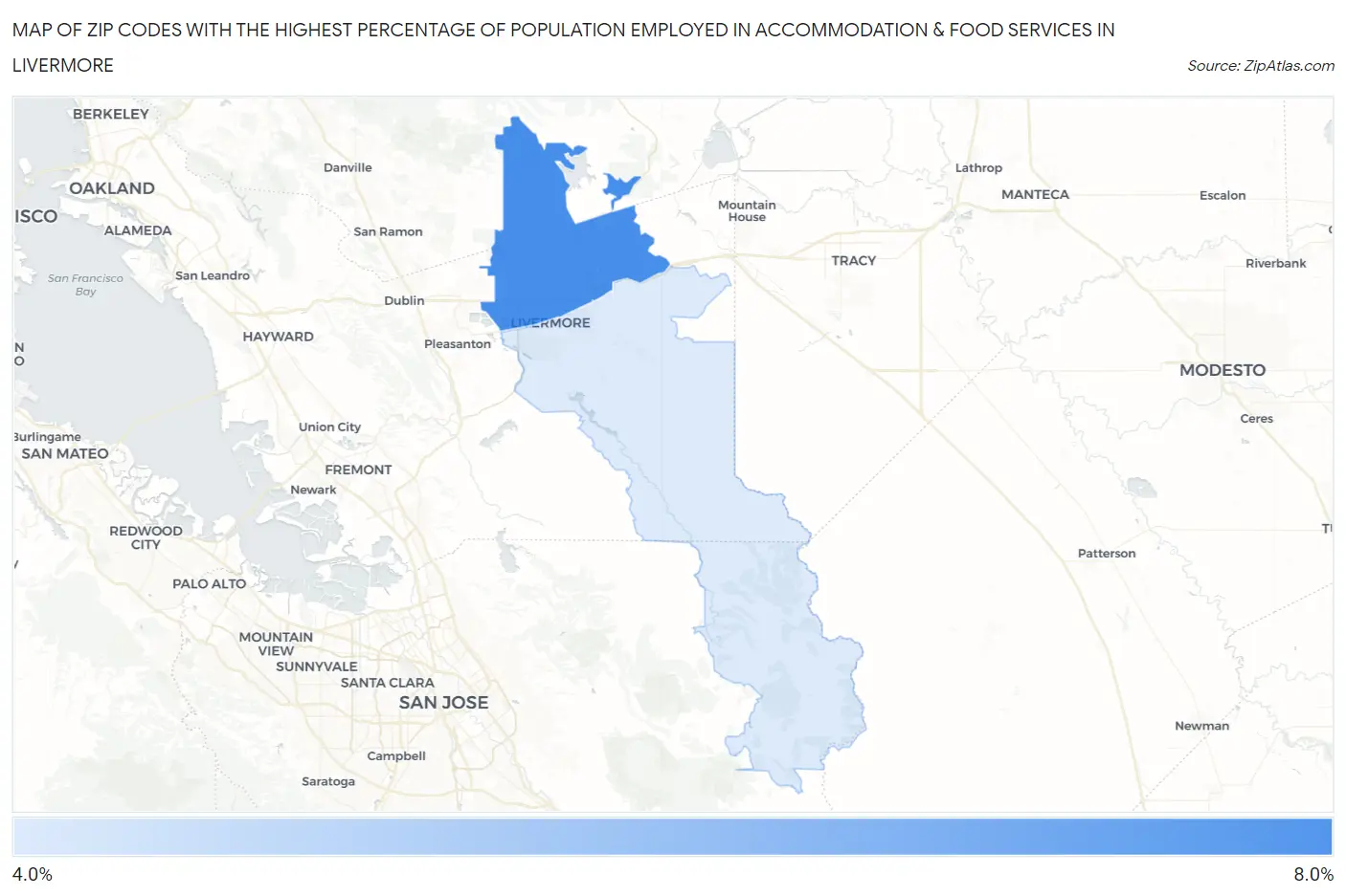 Zip Codes with the Highest Percentage of Population Employed in Accommodation & Food Services in Livermore Map