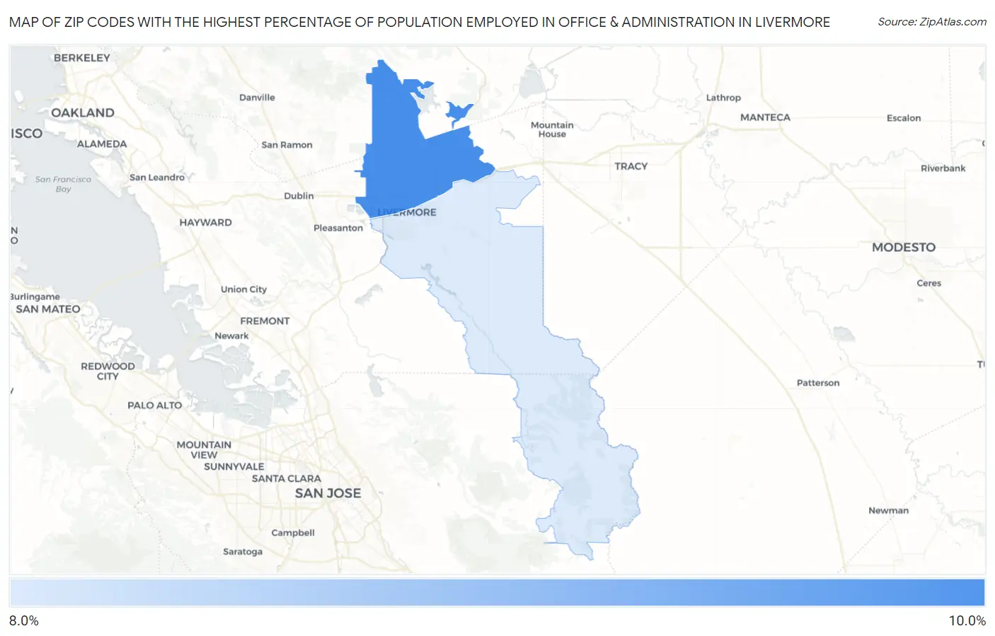 Zip Codes with the Highest Percentage of Population Employed in Office & Administration in Livermore Map