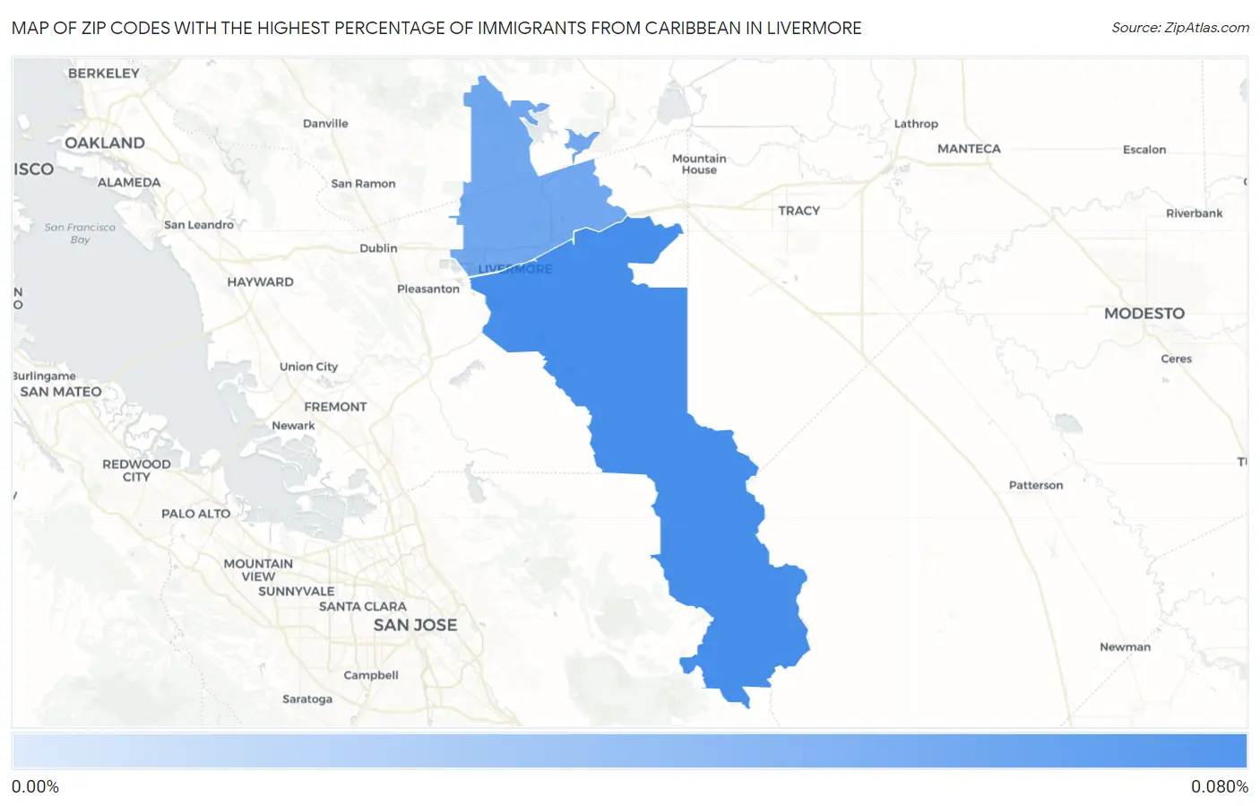 Zip Codes with the Highest Percentage of Immigrants from Caribbean in Livermore Map