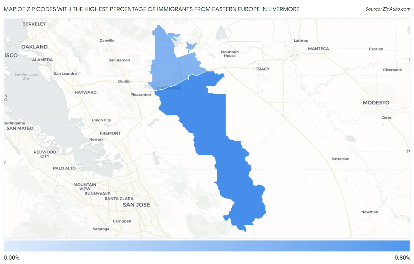 Zip Codes with the Highest Percentage of Immigrants from Eastern Europe in Livermore Map