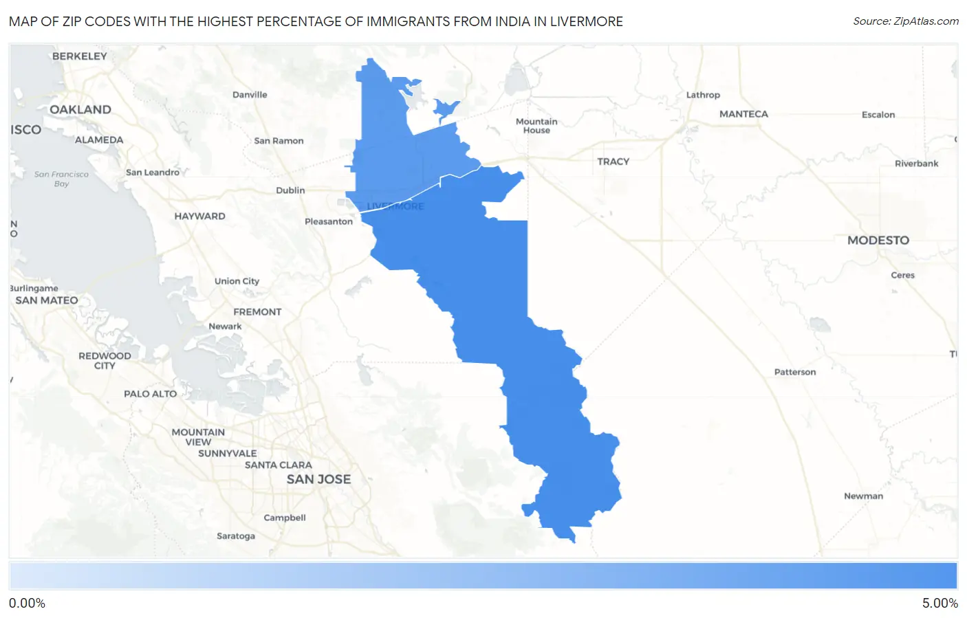 Zip Codes with the Highest Percentage of Immigrants from India in Livermore Map